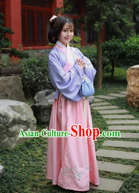 Traditional Ancient Chinese Female Costume Embroidered Flowers Lilac Blouse and Dress Complete Set, Elegant Hanfu Clothing Chinese Ming Dynasty Embroidered Palace Princess Clothing for Women