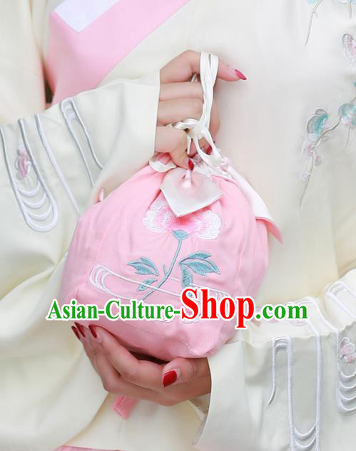 Traditional Ancient Chinese Female Embroidered Flowers Handbags, Elegant Hanfu Ming Dynasty Embroidered Palace Princess Pink Bag for Women