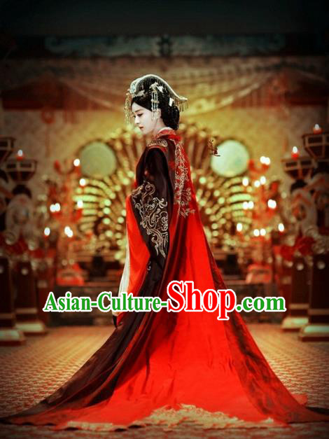 Traditional Ancient Chinese Imperial Empress Costume, Elegant Hanfu Wedding Dress Chinese Han Dynasty Imperial Empress Tailing Embroidered Phoenix Clothing for Women