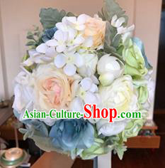 Top Grade Classical Wedding Silk Flowers, Bride Holding Emulational Blue Flowers, Hand Tied Bouquet Flowers for Women