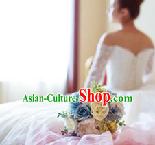 Top Grade Classical Wedding Silk Flowers, Bride Holding Emulational Blue Flowers, Hand Tied Bouquet Flowers for Women