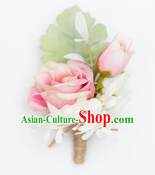 Top Grade Classical Wedding Silk Flowers,Groom Emulational Corsage Groomsman Pink Brooch Flowers for Men