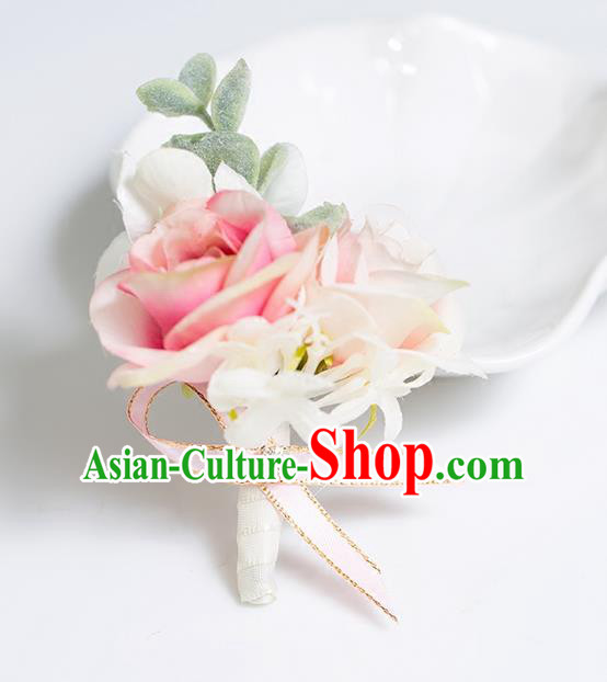 Top Grade Classical Wedding Silk Flowers,Groom Emulational Corsage Groomsman Pink Brooch Flowers for Men