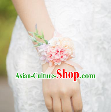 Top Grade Classical Wedding Silk Flowers, Bride Emulational Pink White Wrist Flowers Bracelet Flowers for Women