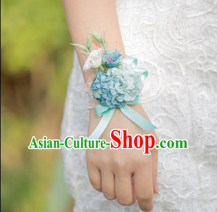 Top Grade Classical Wedding Silk Flowers, Bride Emulational Wrist Flowers Bridesmaid Bracelet Blue Flowers for Women
