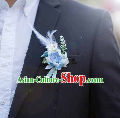 Top Grade Classical Wedding Silk Flowers,Groom Emulational Corsage Groomsman Blue Feather Brooch Flowers for Men