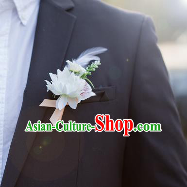 Top Grade Classical Wedding Silk Flowers,Groom Emulational Corsage Groomsman Pink Feather Brooch Flowers for Men