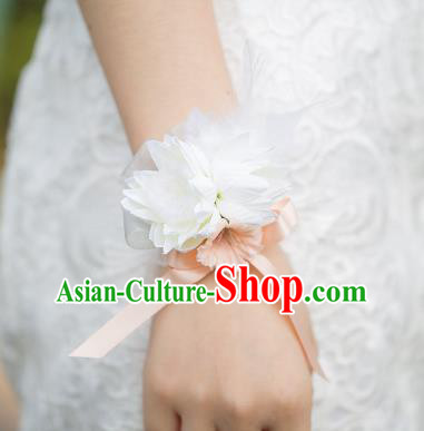 Top Grade Classical Wedding Silk Flowers, Bride Emulational Wrist Flowers Bridesmaid Bracelet Pink Feather Flowers for Women