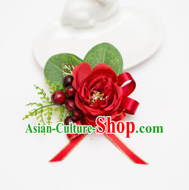 Top Grade Classical Wedding Silk Flowers, Bride Emulational Wrist Flowers Bridesmaid Bracelet Red Flowers for Women