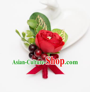 Top Grade Classical Wedding Silk Flowers,Groom Emulational Corsage Groomsman Red Brooch Flowers for Men