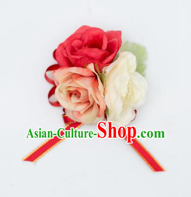 Top Grade Classical Wedding Silk Flowers, Bride Emulational Wrist Flowers Bridesmaid Bracelet Red Flowers for Women