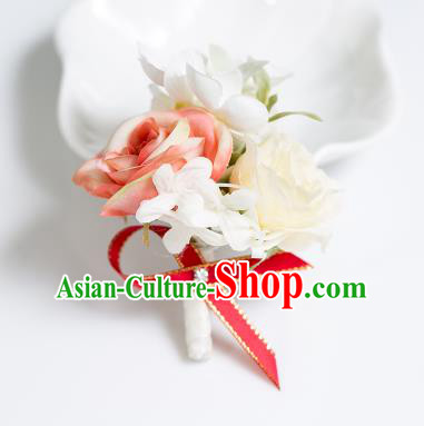 Top Grade Classical Wedding Silk Flowers,Groom Emulational Corsage Groomsman Red Brooch Flowers for Men