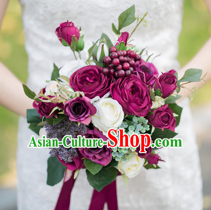 Top Grade Classical Wedding Silk Flowers, Bride Holding Emulational Dark Red Flowers, Hand Tied Bouquet Flowers for Women