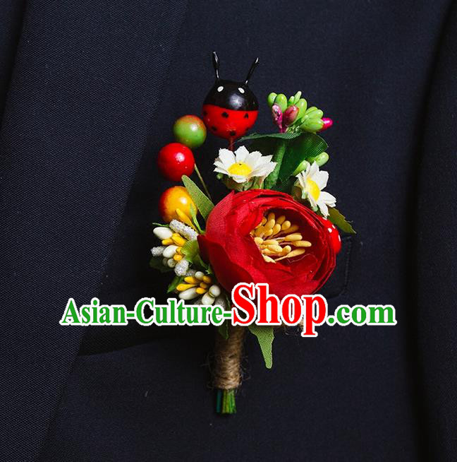 Top Grade Classical Wedding Silk Flowers,Groom Emulational Corsage Groomsman Ladybird Brooch Flowers for Men