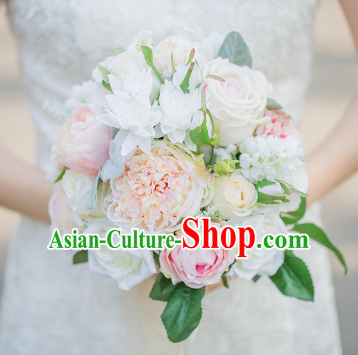 Top Grade Classical Wedding Silk Flowers, Bride Holding Emulational Pink Champagne Flowers, Hand Tied Bouquet Flowers for Women