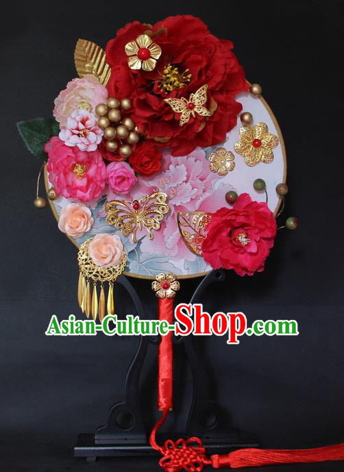 Traditional Handmade Chinese Ancient Classical Wedding Accessories Flowers Decoration, Bride Wedding Flowers Round Fan, Hanfu Xiuhe Suit Palace Butterfly Fan for Women