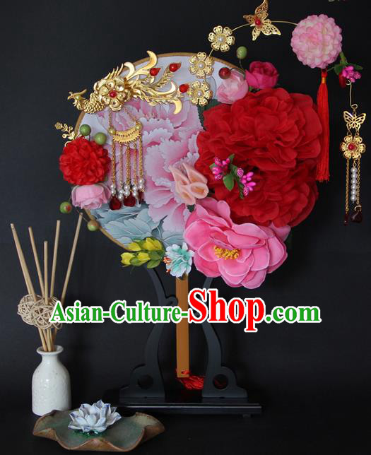 Traditional Handmade Chinese Ancient Classical Wedding Accessories Flowers Decoration, Bride Wedding Flowers Round Fan, Hanfu Xiuhe Suit Palace Phoenix Fan for Women