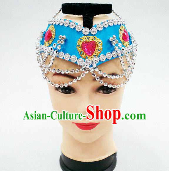 Traditional Chinese Mongol Nationality Dancing Accessories Headdress, Mongolian Folk Dance Ethnic Headwear Top Bowl Dance Blue Hat for Women