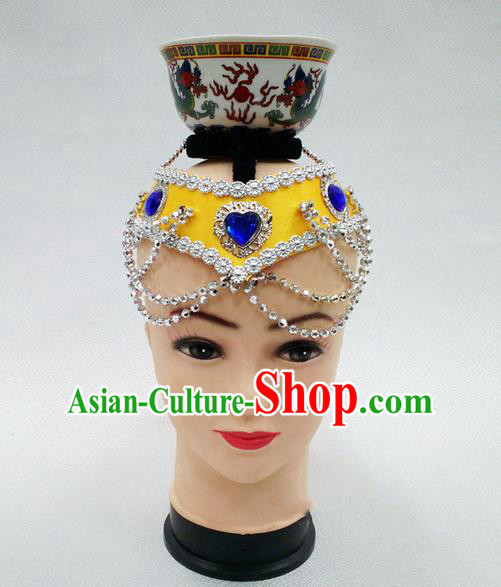 Traditional Chinese Mongol Nationality Dancing Accessories Headdress, Mongolian Folk Dance Ethnic Headwear Top Bowl Dance Yellow Hat for Women