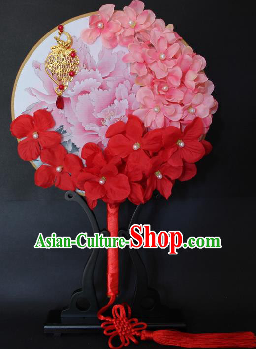 Traditional Handmade Chinese Ancient Classical Wedding Accessories Flowers Decoration, Bride Wedding Flowers Round Fan, Hanfu Xiuhe Suit Palace Pearl Phoenix Fan for Women