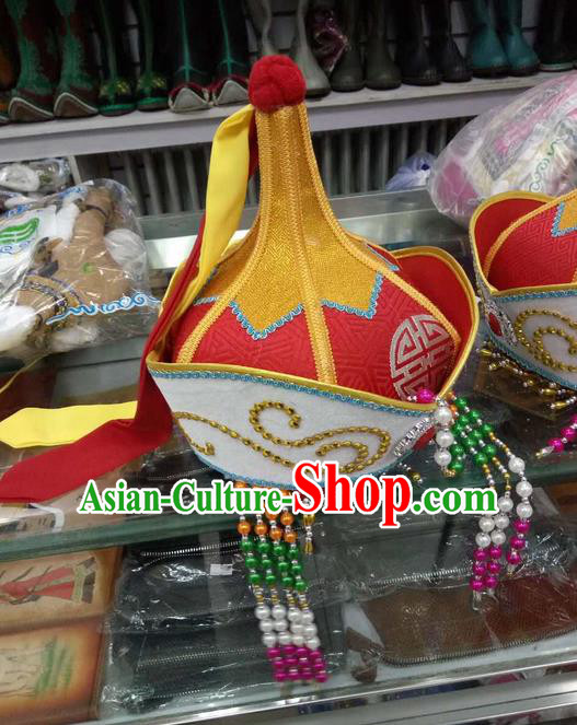 Traditional Chinese Mongol Nationality Dancing Accessories Headdress, Mongolian Folk Dance Ethnic Headwear China Minority Dance Red Hat for Women