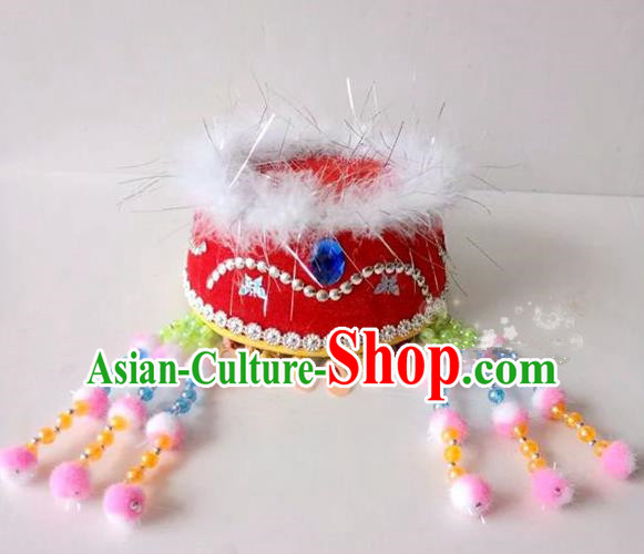 Traditional Chinese Mongol Nationality Dancing Accessories Headdress, Mongolian Kids Folk Dance Ethnic Headwear China Minority Palace Princess Dance Red Hat for Children