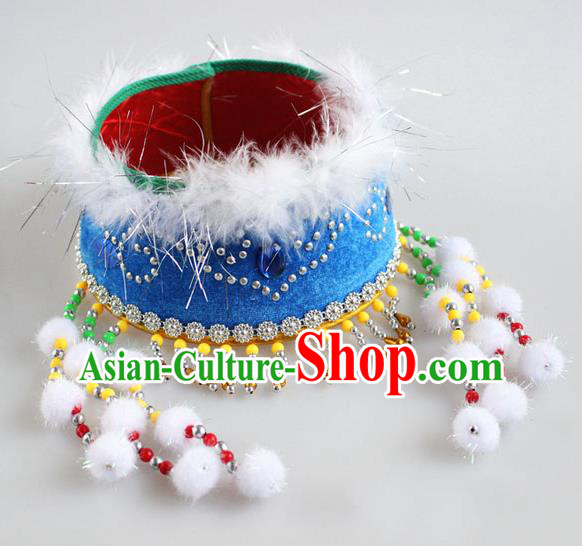 Traditional Chinese Mongol Nationality Dancing Accessories Headdress, Mongolian Kids Folk Dance Ethnic Headwear China Minority Palace Princess Dance Blue Hat for Children