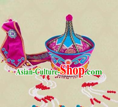 Traditional Chinese Mongol Nationality Dancing Accessories Headdress, Mongolian Folk Dance Ethnic Headwear China Minority Palace Princess Dance Purple Hat for Women