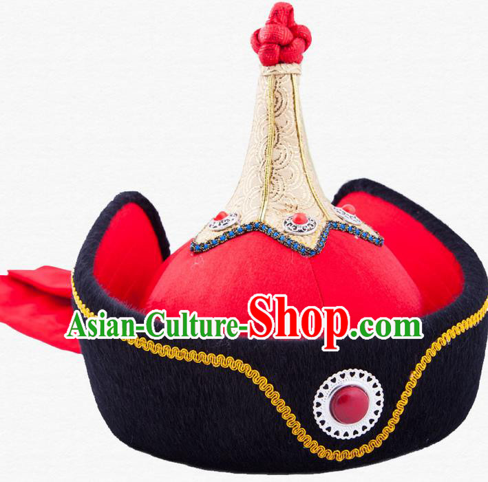 Traditional Chinese Mongol Nationality Dancing Accessories Headdress, Mongolian Folk Dance Ethnic Headwear China Mongolian Minority Palace Princess Wedding Red Hat for Women