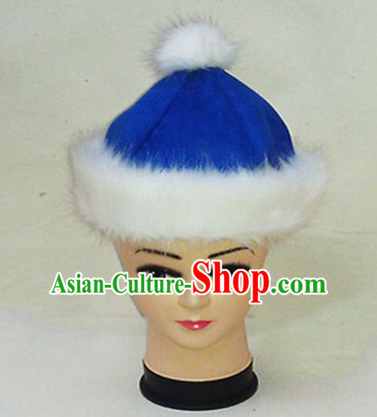 Traditional Chinese Mongol Nationality Dancing Accessories Headdress, Mongolian Folk Dance Ethnic Children Headwear China Mongolian Minority Palace Princess Blue Deer Velvet Hat for Kids