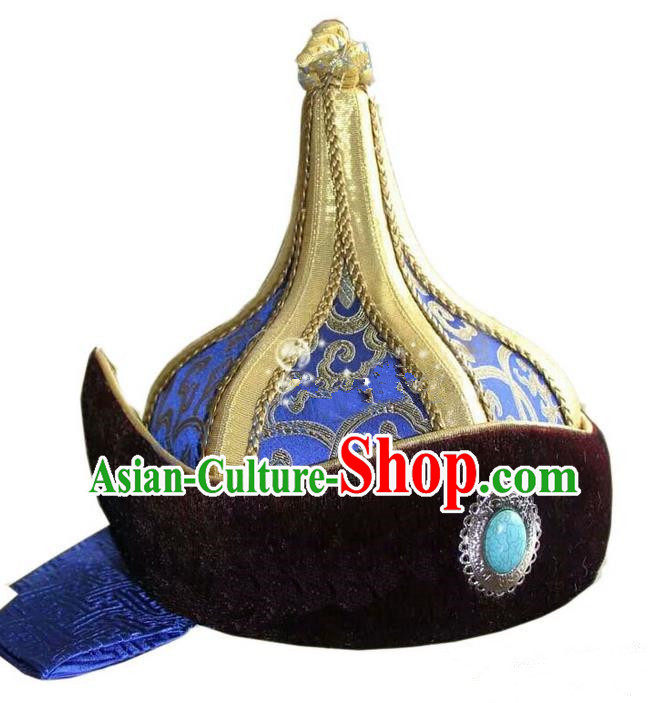 Traditional Chinese Top Grade Mongol Nationality Dancing Accessories Headdress, Mongolian Folk Dance Ethnic Headwear China Mongolian Minority Royal Highness Wedding Royalblue Hat for Men