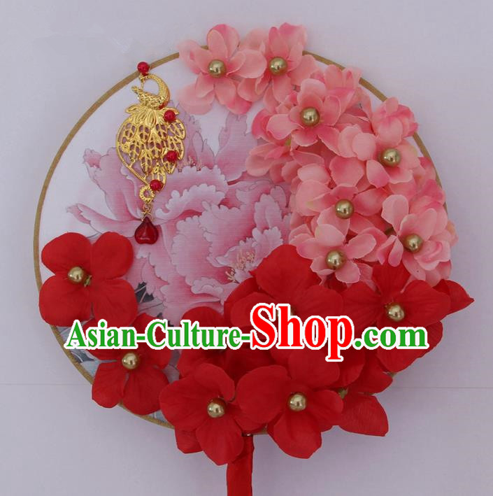Traditional Handmade Chinese Ancient Classical Wedding Accessories Flowers Decoration, Bride Wedding Flowers Round Fan, Hanfu Xiuhe Suit Palace Pearl Phoenix Fan for Women