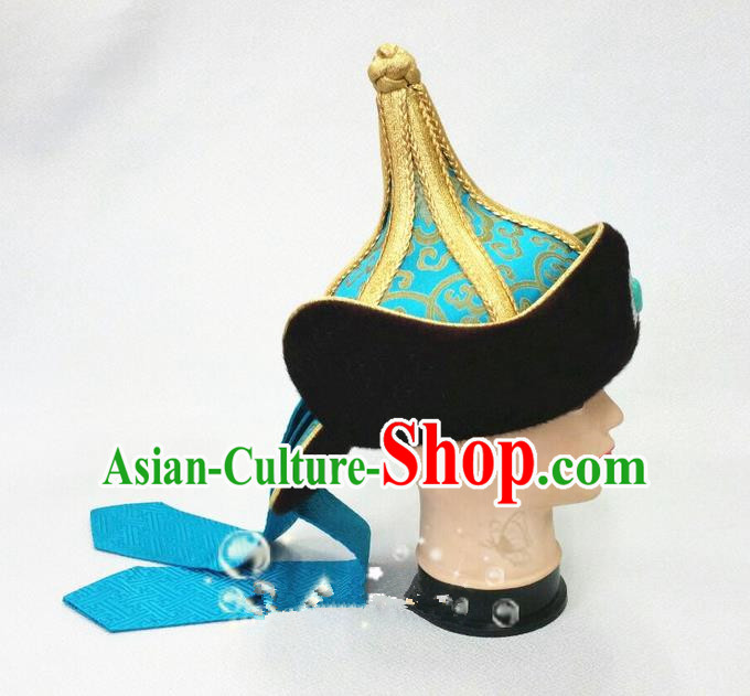 Traditional Chinese Top Grade Mongol Nationality Dancing Accessories Headdress, Mongolian Folk Dance Ethnic Headwear China Mongolian Minority Royal Highness Wedding Blue Hat for Men