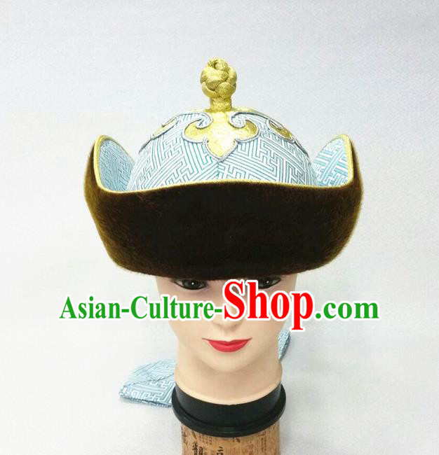 Traditional Chinese Top Grade Mongol Nationality Dancing Accessories Headdress, Mongolian Princes Folk Dance Ethnic Headwear China Mongolian Minority Royal Highness Wedding Blue Hat for Men