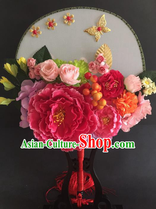 Traditional Handmade Chinese Ancient Classical Wedding Accessories Peony Flowers Decoration, Bride Wedding Flowers Round Fan, Hanfu Xiuhe Suit Palace Fan for Women
