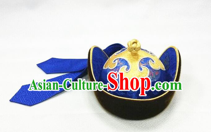 Traditional Chinese Top Grade Mongol Nationality Dancing Accessories Headdress, Mongolian Princes Folk Dance Ethnic Headwear China Mongolian Minority Royal Highness Wedding Royalblue Hat for Men