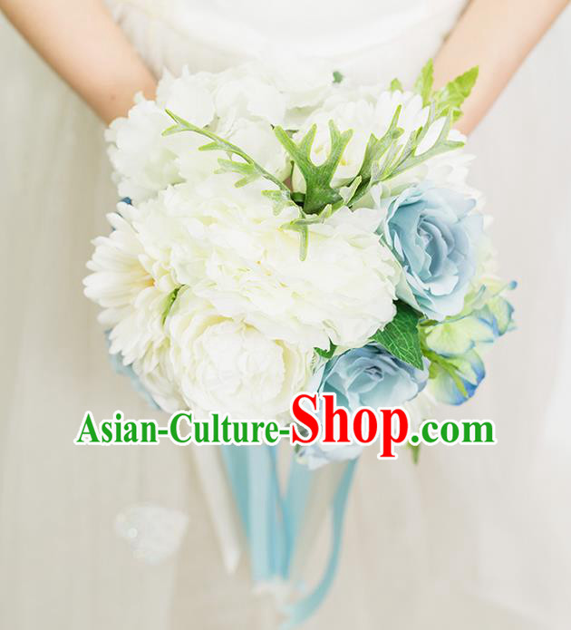 Top Grade Classical Wedding Silk Flowers Blue Ball, Bride Holding Emulational Flowers, Hand Tied Bouquet Flowers for Women