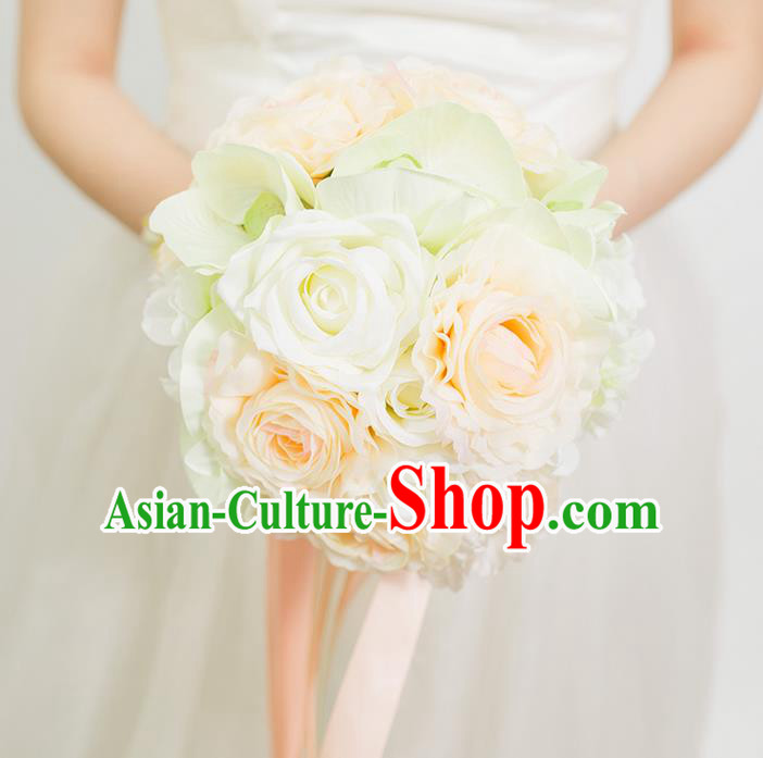 Top Grade Classical Wedding Silk Flowers Champagne Flowers Ball, Bride Holding Emulational Flowers, Hand Tied Bouquet Flowers for Women