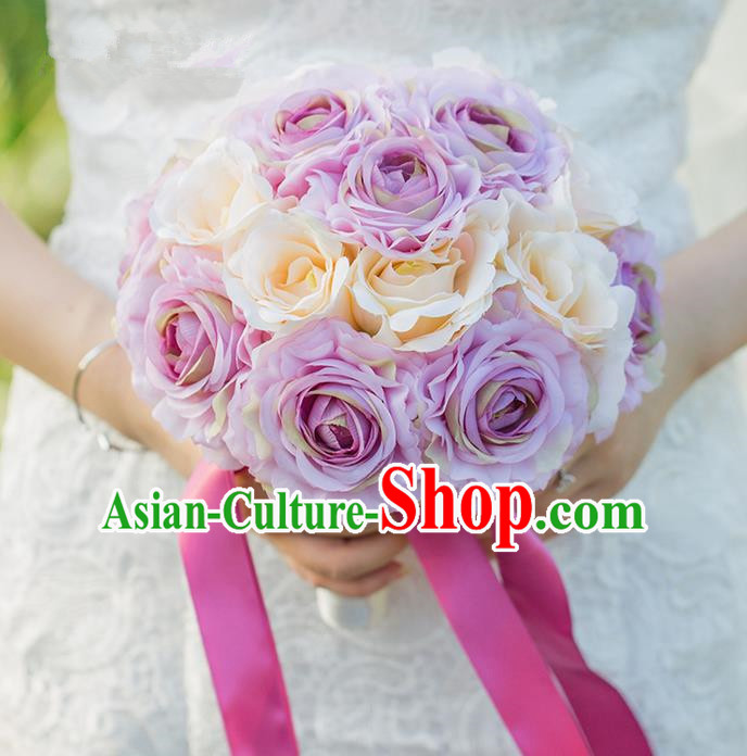 Top Grade Classical Wedding Silk Flowers Purple Flowers Ball, Bride Holding Emulational Flowers, Hand Tied Bouquet Flowers for Women