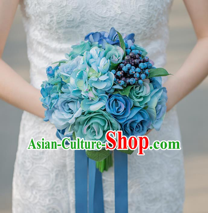 Top Grade Classical Wedding Silk Flowers Powderblue Flowers Ball, Bride Holding Emulational Flowers, Hand Tied Bouquet Flowers for Women