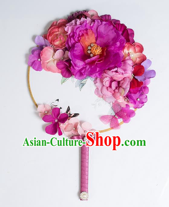 Traditional Handmade Chinese Ancient Classical Wedding Accessories Decoration, Bride Wedding Flowers Round Fan, Hanfu Xiuhe Suit Palace Flowers Fan for Women