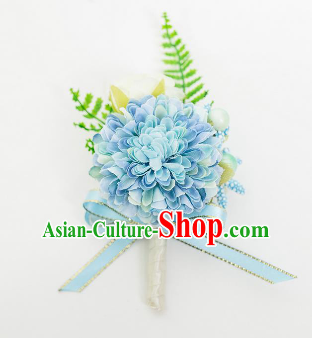 Top Grade Classical Wedding Silk Flowers,Groom Emulational Corsage Groomsman Blue Brooch Flowers for Men