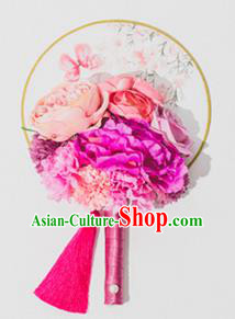 Traditional Handmade Chinese Ancient Classical Wedding Accessories Decoration, Bride Wedding Flowers Round Fan, Hanfu Xiuhe Suit Palace Pink Flowers Fan for Women
