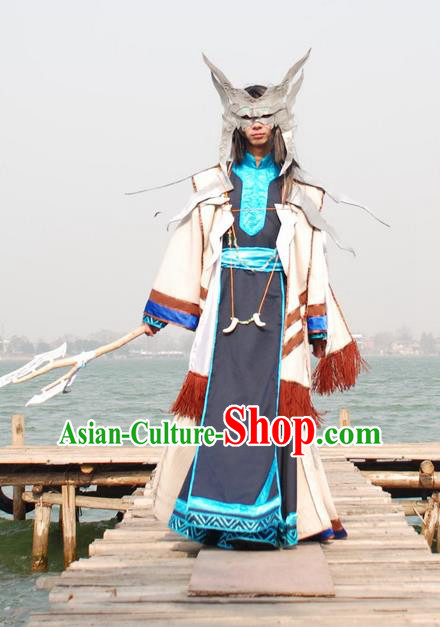 Traditional Ancient Chinese Classical Cartoon Character Uniform Cosplay Game Role Wu Xian Qin Dynasty Swordmen Costume and Headwear Complete Set for Men