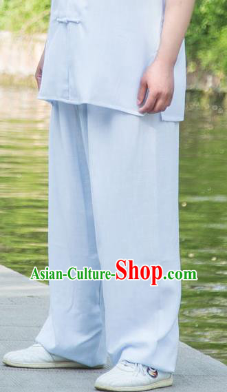 Traditional Chinese Top Linen Kung Fu Costume Martial Arts Kung Fu Training Light Blue Pants, Tang Suit Gongfu Shaolin Wushu Clothing Tai Chi Taiji Teacher Trousers for Men