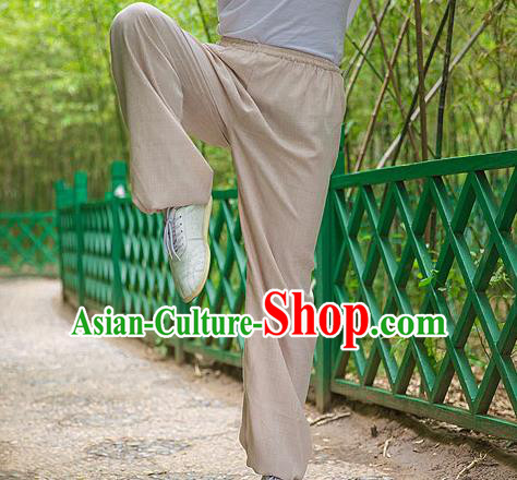 Traditional Chinese Top Linen Kung Fu Costume Martial Arts Kung Fu Training Light Brown Pants, Tang Suit Gongfu Shaolin Wushu Clothing Tai Chi Taiji Teacher Trousers for Men