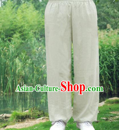 Traditional Chinese Top Linen Kung Fu Costume Martial Arts Kung Fu Training Light Grey Pants, Tang Suit Gongfu Shaolin Wushu Clothing Tai Chi Taiji Teacher Trousers for Men