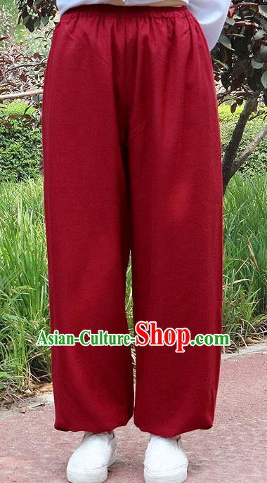 Traditional Chinese Top Linen Kung Fu Costume Martial Arts Kung Fu Training Red Pants, Tang Suit Gongfu Shaolin Wushu Clothing Tai Chi Taiji Teacher Trousers for Men