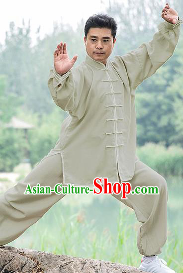 Traditional Chinese Top Linen Kung Fu Costume Martial Arts Kung Fu Training Light Grey Uniform, Tang Suit Gongfu Shaolin Wushu Clothing, Tai Chi Taiji Teacher Suits Uniforms for Men