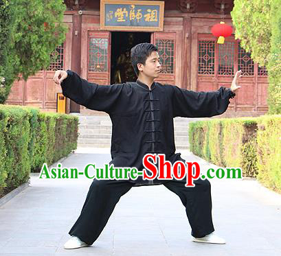 Traditional Chinese Top Linen Kung Fu Costume Martial Arts Kung Fu Training Black Uniform, Tang Suit Gongfu Shaolin Wushu Clothing, Tai Chi Taiji Teacher Suits Uniforms for Men